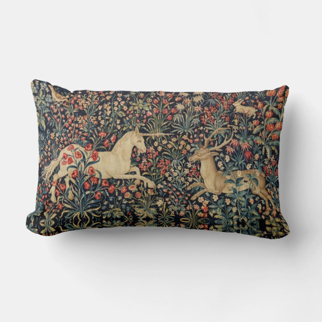 UNICORN AND DEER,FLOWERS, FOREST ANIMALS Floral Lumbar Pillow (Front)