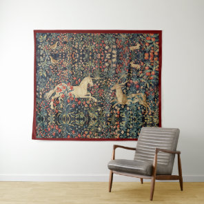 UNICORN AND DEER,FLOWERS,FOREST ANIMALS Floral Tapestry