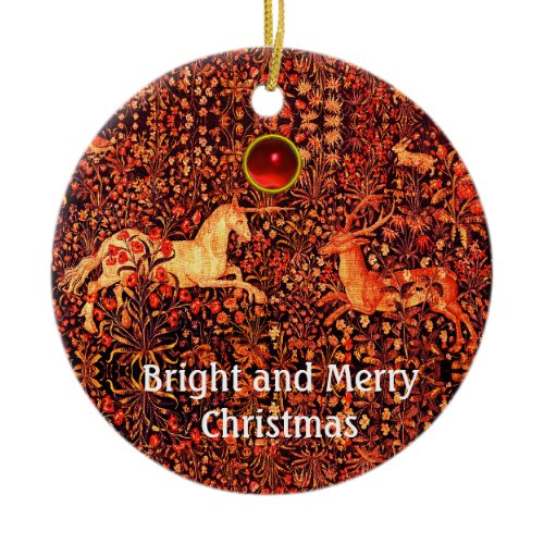 UNICORN AND DEER,FLOWERS,FOREST ANIMALS Red Floral Ceramic Ornament
