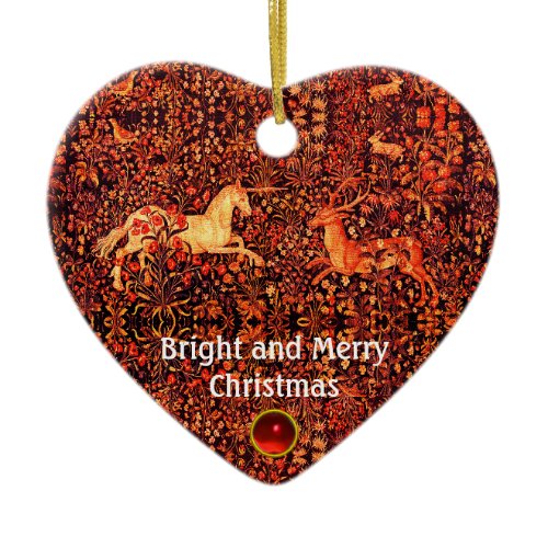 UNICORN AND DEER,FLOWERS,FOREST ANIMALS Red Floral Ceramic Ornament