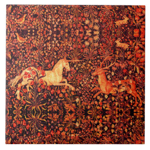 UNICORN AND DEER,FLOWERS,FOREST ANIMALS Red Floral Ceramic Tile