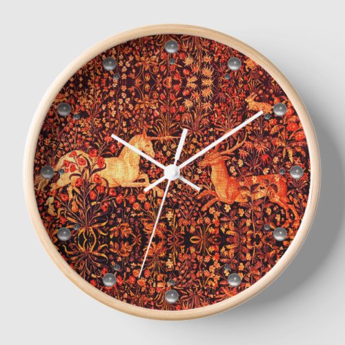 UNICORN AND DEERFLOWERSFOREST ANIMALS Red Floral Clock