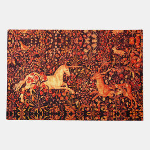 UNICORN AND DEER,FLOWERS,FOREST ANIMALS Red Floral Doormat