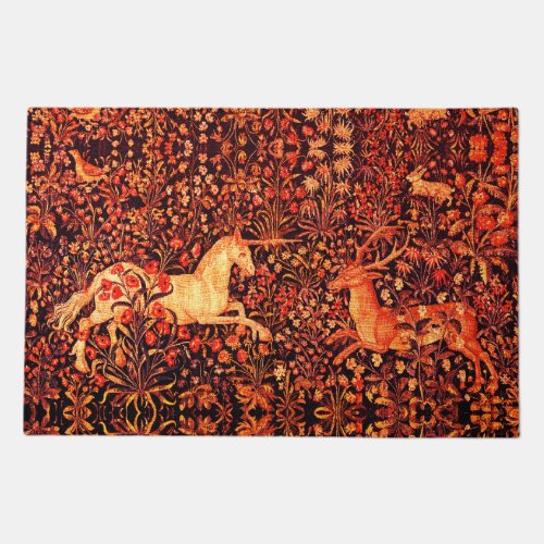 UNICORN AND DEERFLOWERSFOREST ANIMALS Red Floral Doormat