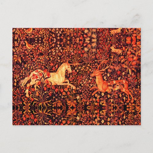 UNICORN AND DEERFLOWERSFOREST ANIMALS Red Floral Holiday Postcard