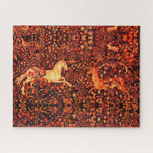 UNICORN AND DEER,FLOWERS,FOREST ANIMALS Red Floral Jigsaw Puzzle