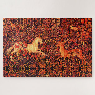 UNICORN AND DEER,FLOWERS,FOREST ANIMALS Red Floral Jigsaw Puzzle