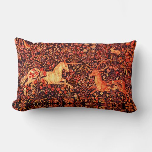 UNICORN AND DEERFLOWERSFOREST ANIMALS Red Floral Lumbar Pillow