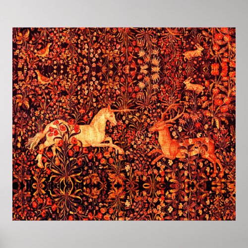 UNICORN AND DEERFLOWERSFOREST ANIMALS Red Floral Poster