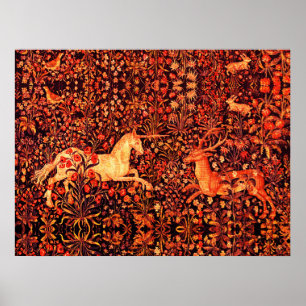 UNICORN AND DEER,FLOWERS,FOREST ANIMALS Red Floral Poster