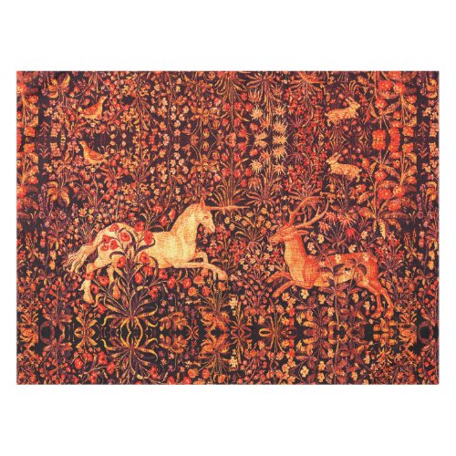 UNICORN AND DEERFLOWERSFOREST ANIMALS Red Floral Tablecloth