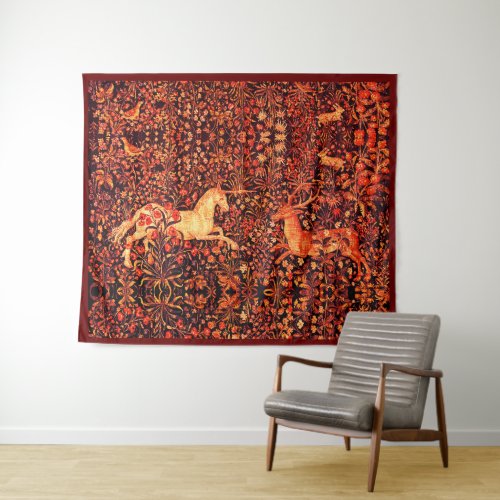 UNICORN AND DEERFLOWERSFOREST ANIMALS Red Floral Tapestry