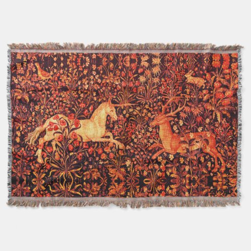 UNICORN AND DEERFLOWERSFOREST ANIMALS Red Floral Throw Blanket