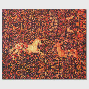 UNICORN AND DEER,FLOWERS,FOREST ANIMALS Red Floral Wrapping Paper