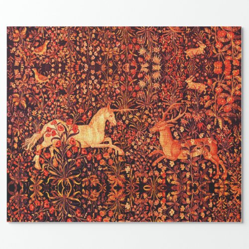 UNICORN AND DEERFLOWERSFOREST ANIMALS Red Floral Wrapping Paper