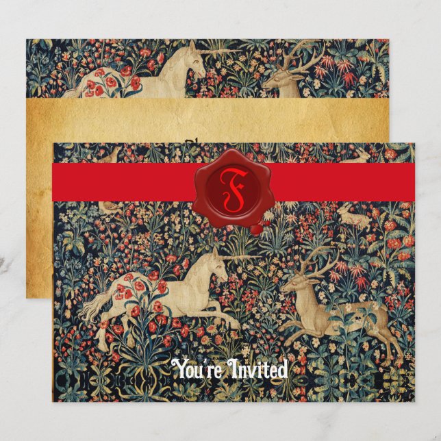 UNICORN AND DEER MONOGRAM RED WAX SEAL PARCHMENT INVITATION (Front/Back)