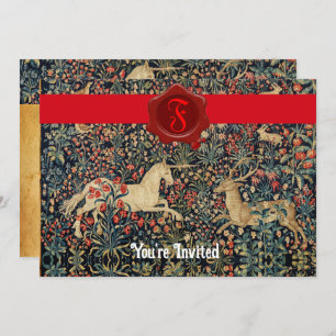 UNICORN AND DEER MONOGRAM RED WAX SEAL PARCHMENT INVITATION