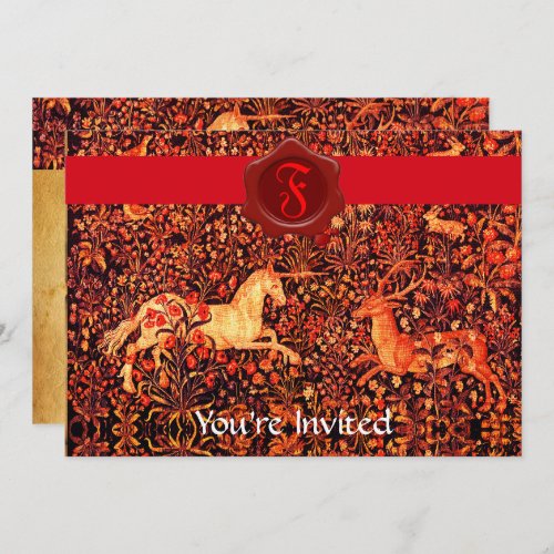UNICORN AND DEER MONOGRAM RED WAX SEAL PARCHMENT INVITATION