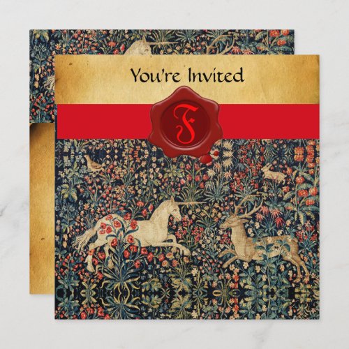 UNICORN AND DEER MONOGRAM RED WAX SEAL PARCHMENT INVITATION