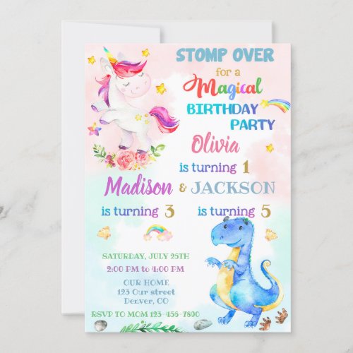 Unicorn and Dinosaur birthday invitation for three