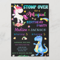 Unicorn and Dinosaur birthday invitation for twins