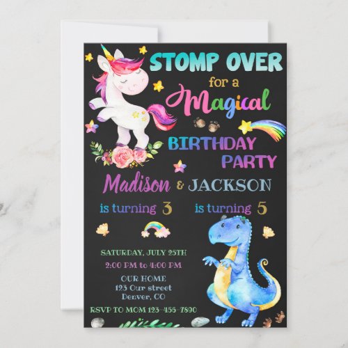 Unicorn and Dinosaur birthday invitation for twins