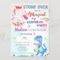 Unicorn and Dinosaur birthday invitation for twins