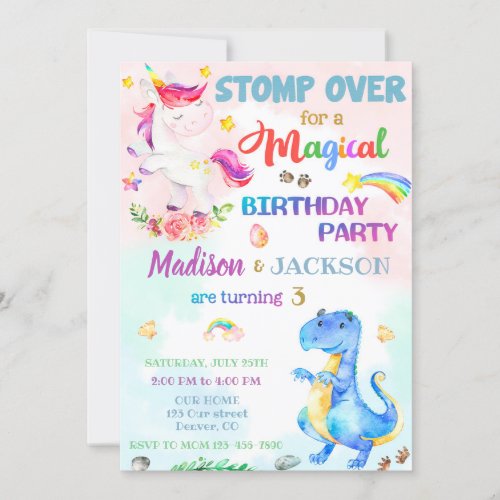 Unicorn and Dinosaur birthday invitation for twins
