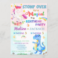 Unicorn and Dinosaur birthday invitation for twins