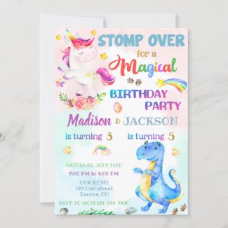 Unicorn and Dinosaur birthday invitation for twins