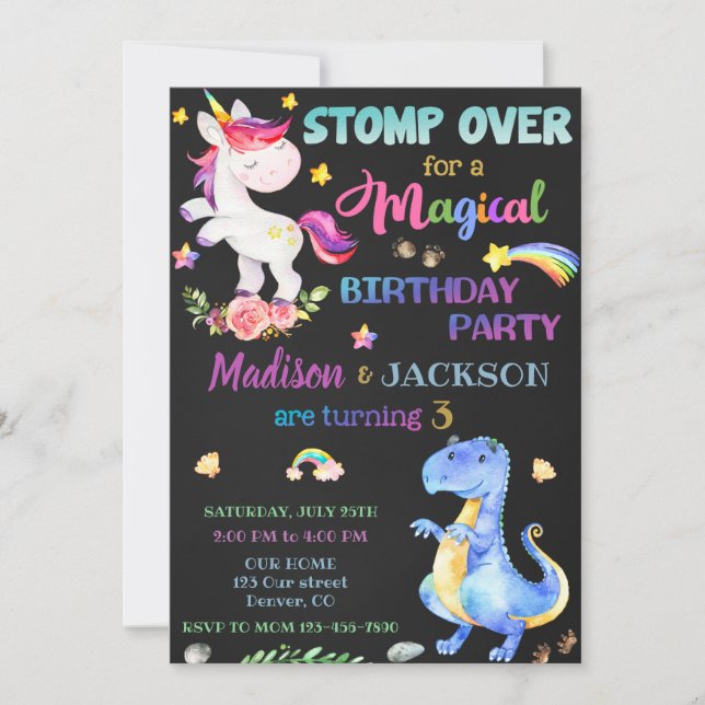 Unicorn and Dinosaur birthday invitation for twins (Front)