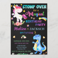 Unicorn and Dinosaur birthday invitation for twins