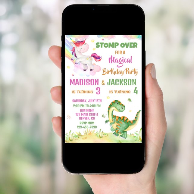 Unicorn and Dinosaur birthday invitation for two (Front Digital)