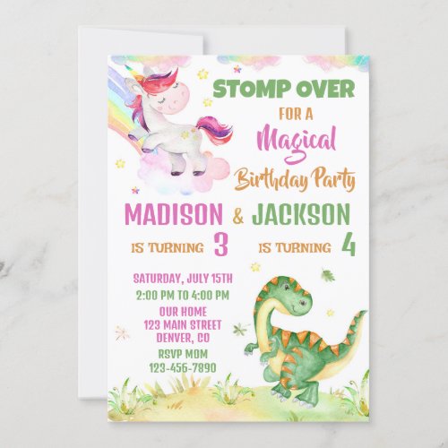 Unicorn and Dinosaur birthday invitation for two