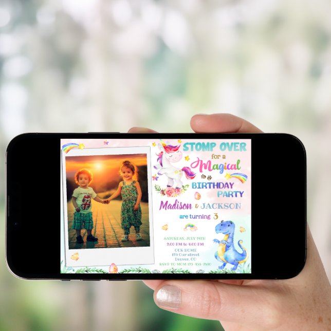 Unicorn and Dinosaur birthday invitation for two  (Front Digital)