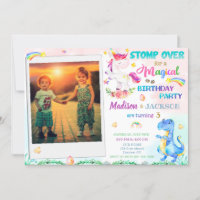 Unicorn and Dinosaur birthday invitation for two