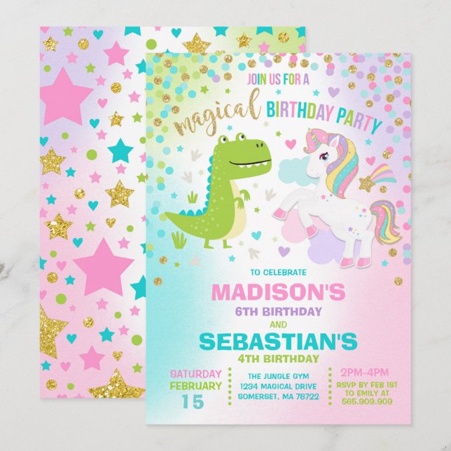 Unicorn And Dinosaur Birthday Invitation Siblings (Front/Back)