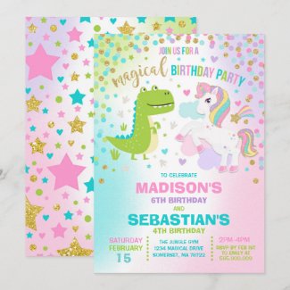 Unicorn And Dinosaur Birthday Invitation Siblings