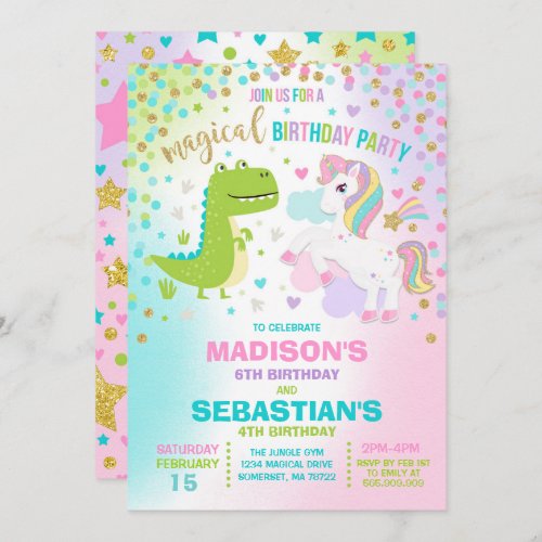 Unicorn And Dinosaur Birthday Invitation Siblings