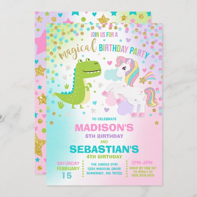 Unicorn And Dinosaur Birthday Invitation Siblings (Front/Back)