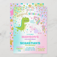 Unicorn And Dinosaur Birthday Invitation Siblings