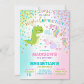 Unicorn And Dinosaur Birthday Invitation Siblings (Front)