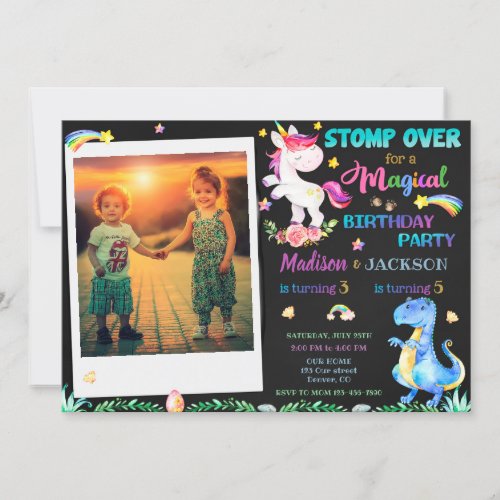 Unicorn and Dinosaur birthday invitation siblings
