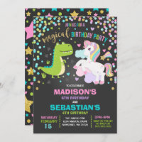 Unicorn And Dinosaur Birthday Invitation Siblings