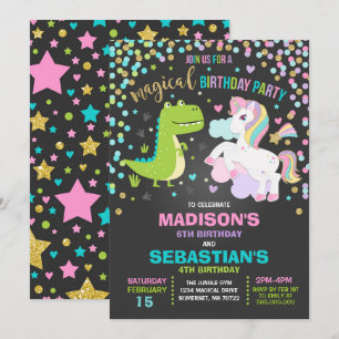 Unicorn And Dinosaur Birthday Invitation Siblings
