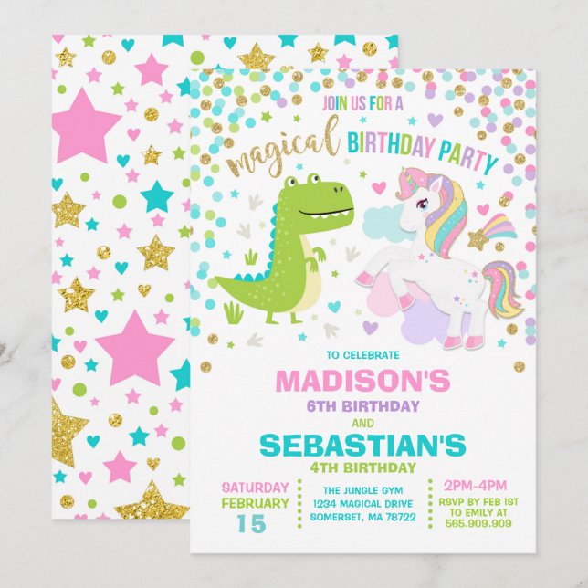 Unicorn And Dinosaur Birthday Invitation Siblings (Front/Back)