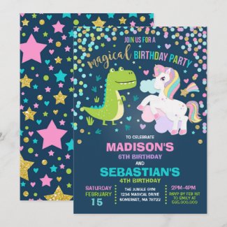 Unicorn And Dinosaur Birthday Invitation Siblings
