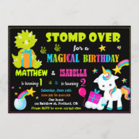 Unicorn and Dinosaur birthday invitation Twins