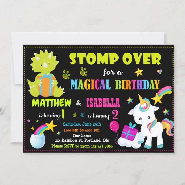 Unicorn and Dinosaur birthday invitation Twins (Front)