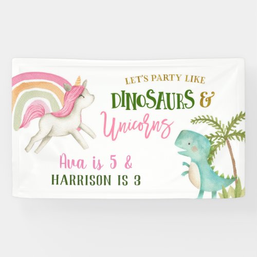 Unicorn and Dinosaur Birthday Party Large Banner